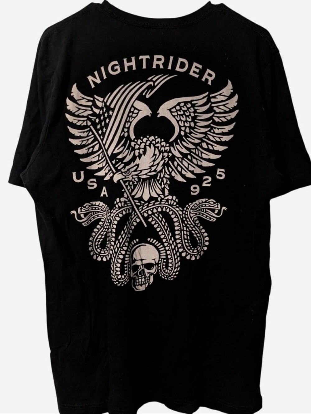 Night Rider Motorcycle Biker Black T-shirt w/ Tattoo Style Eagle Graphic, XL